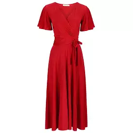 Red Cap Sleeve Crossover V Neck Vintage Wrap Top Swing Dress