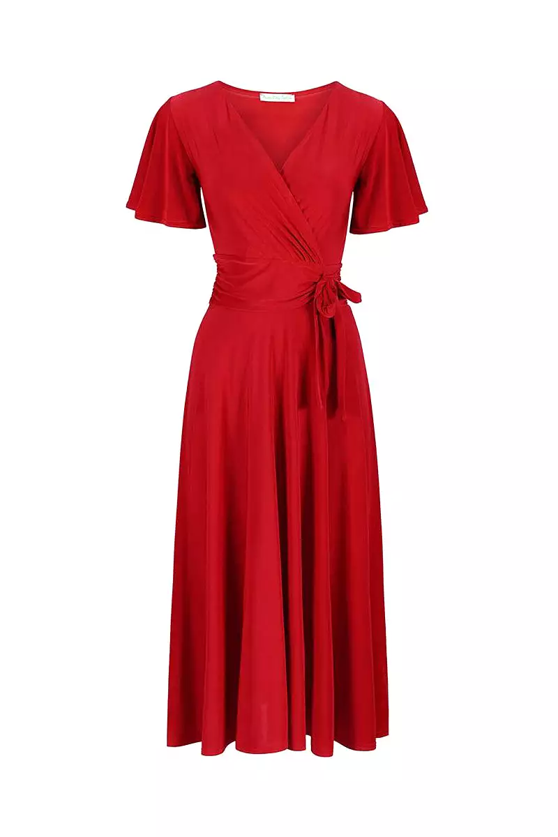 Red Cap Sleeve Crossover V Neck Vintage Wrap Top Swing Dress