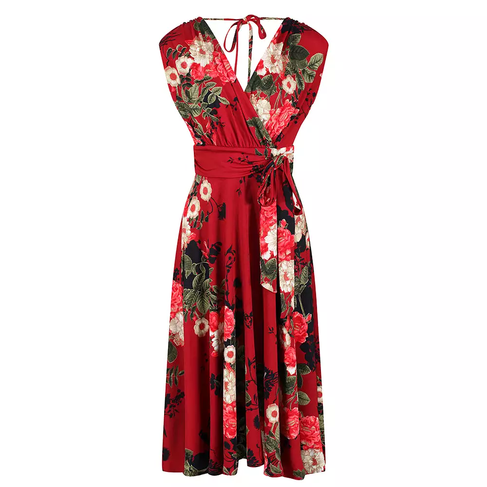 Red Floral Print V Neck Crossover Wrap Top Empire Waist Swing Dress