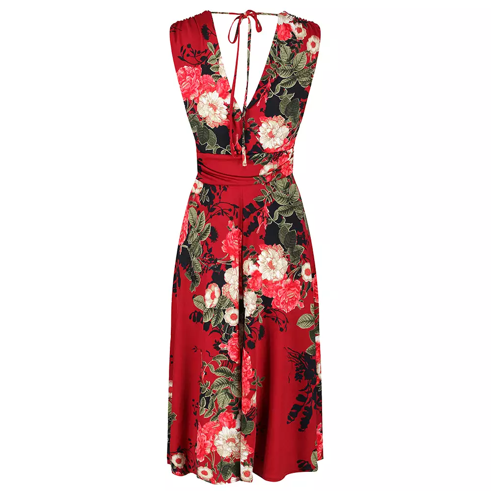 Red Floral Print V Neck Crossover Wrap Top Empire Waist Swing Dress