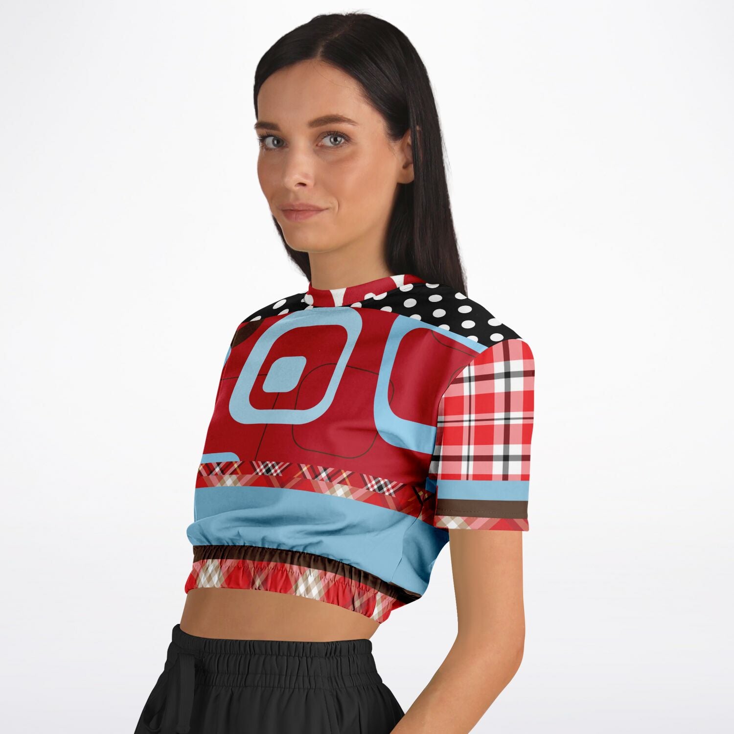 Red Pacific Palisades Plaid Short Sleeve Cropped Eco-Poly Sweater