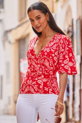 Red Paisley Print Shirred Hem Faux Wrap Jersey Top