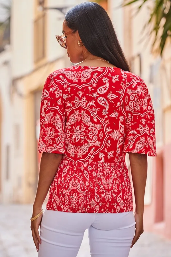 Red Paisley Print Shirred Hem Faux Wrap Jersey Top