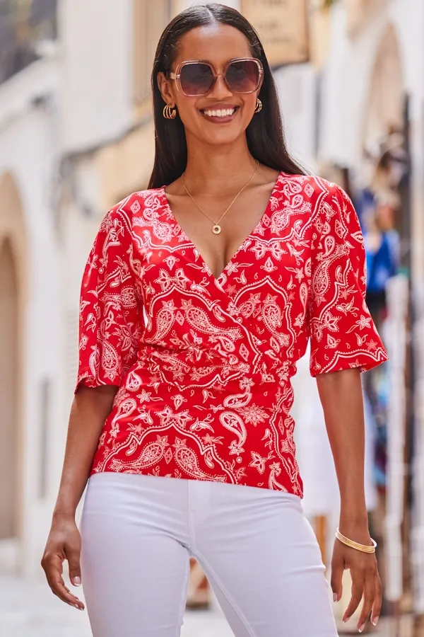 Red Paisley Print Shirred Hem Faux Wrap Jersey Top