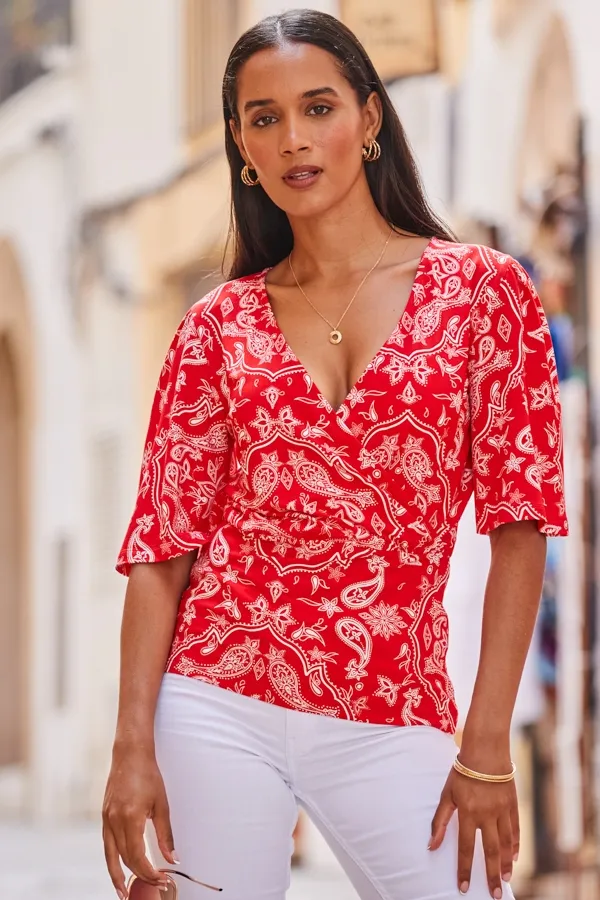 Red Paisley Print Shirred Hem Faux Wrap Jersey Top