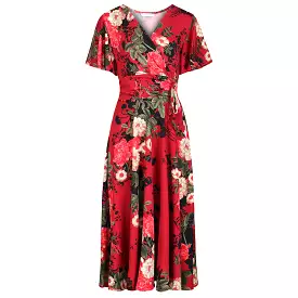 Red Wine Floral Print Cap Sleeve V Neck Wrap Top Swing Dress