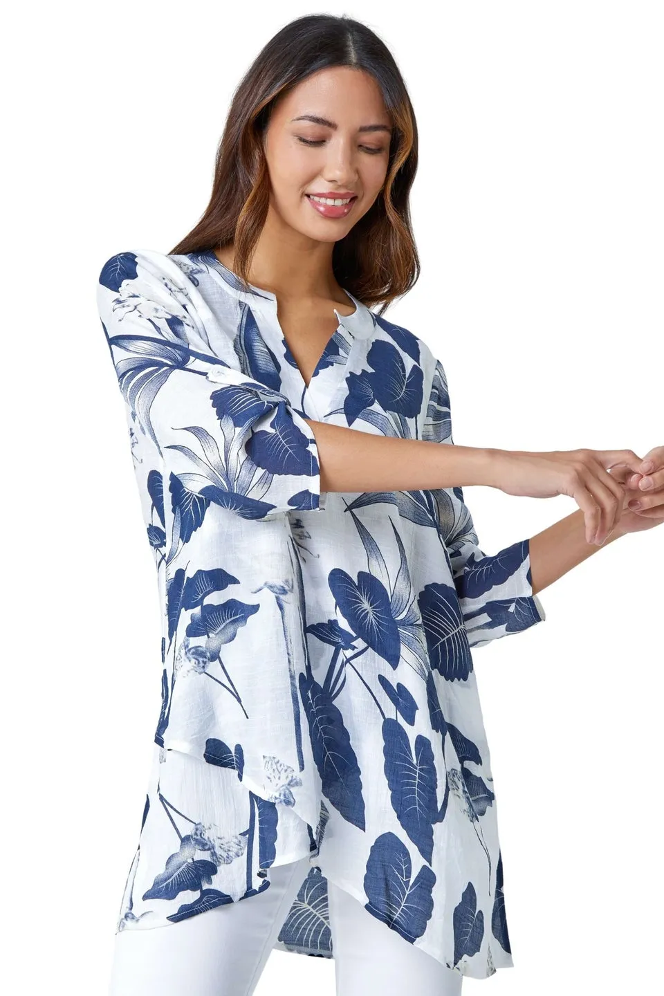 Roman Navy Palm Print V-Neck Wrap Hem Tunic Top