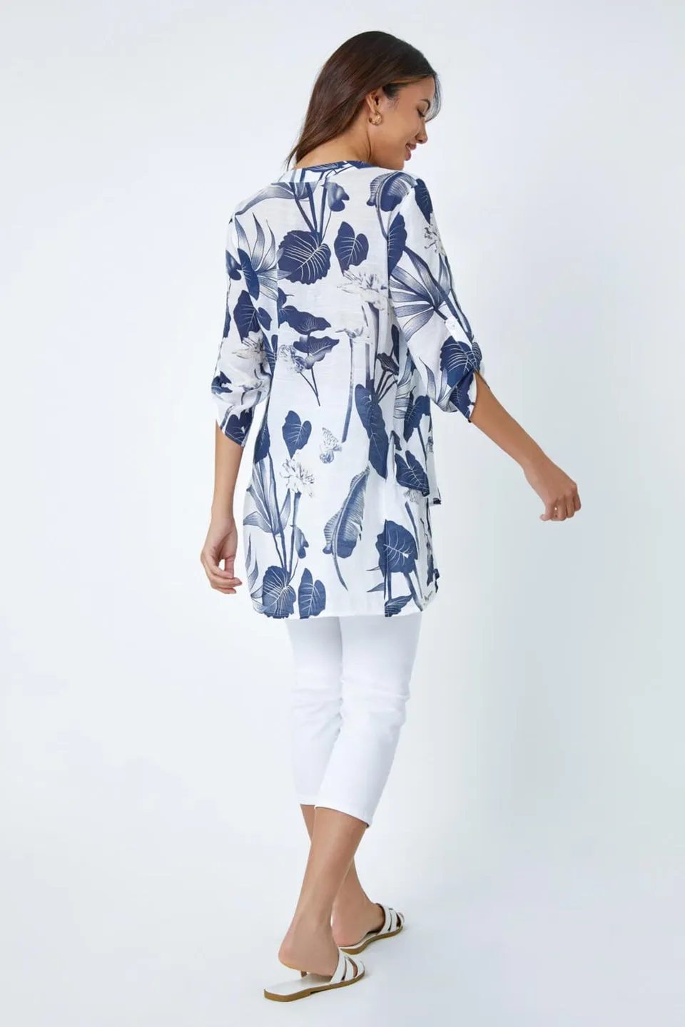 Roman Navy Palm Print V-Neck Wrap Hem Tunic Top