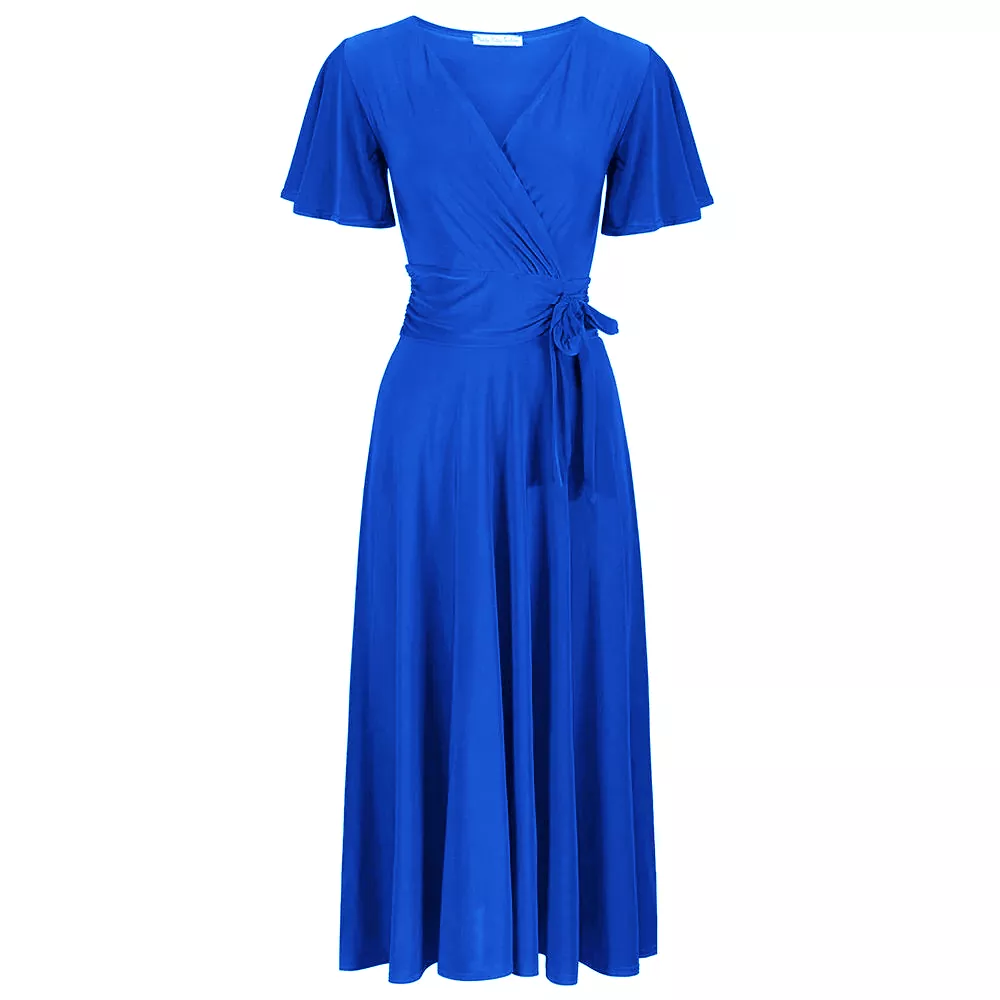 Royal Blue Cap Sleeve Crossover V Neck Vintage Wrap Top Swing Dress