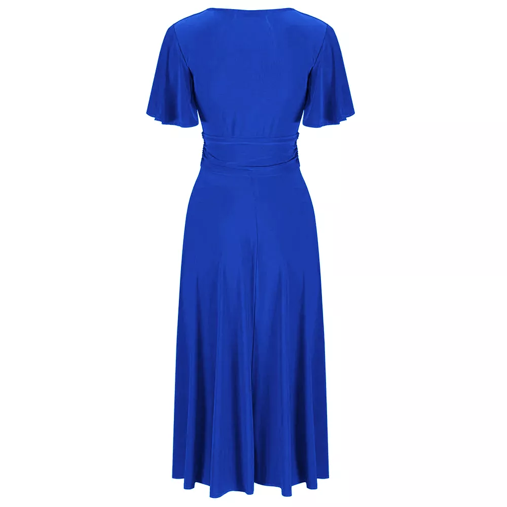 Royal Blue Cap Sleeve Crossover V Neck Vintage Wrap Top Swing Dress