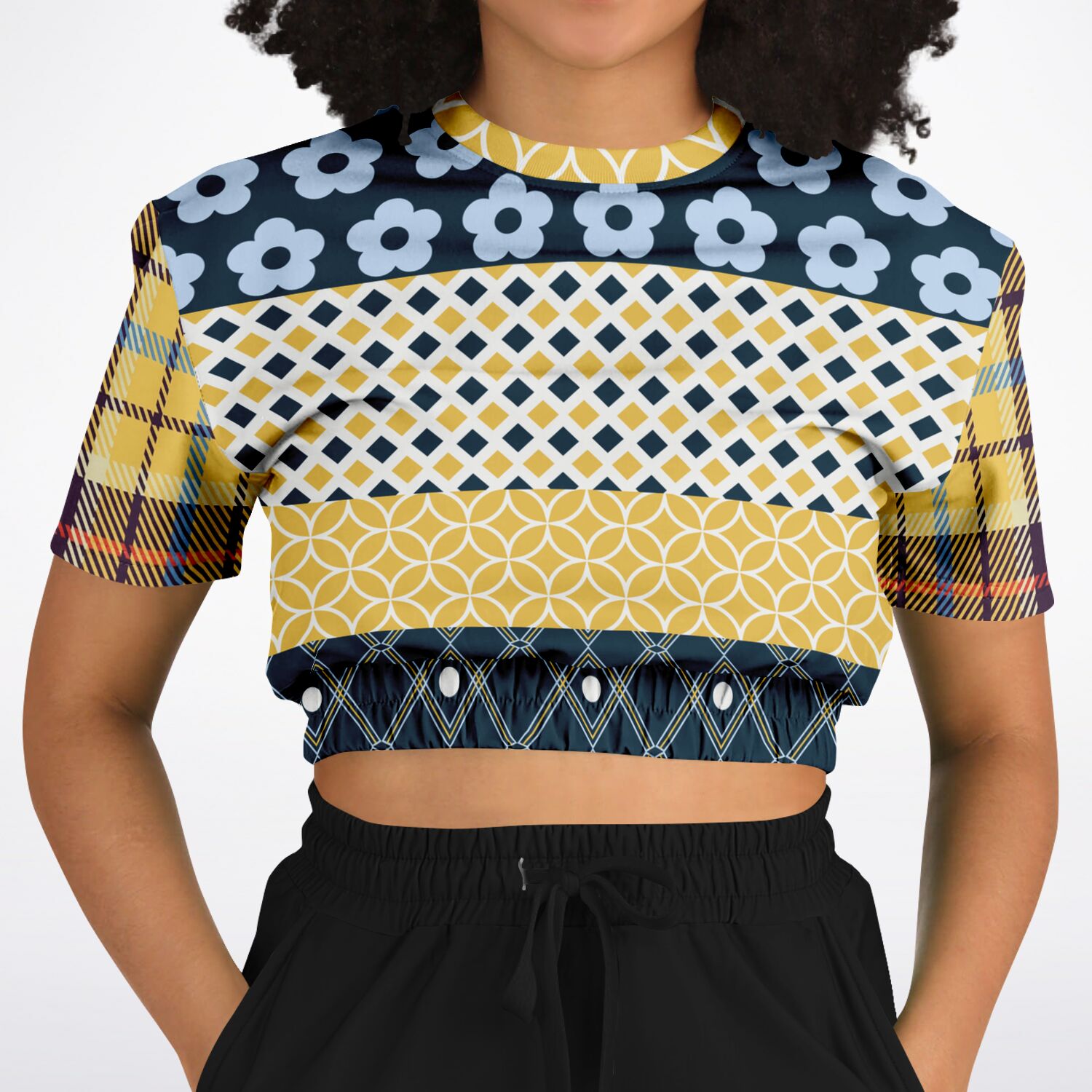 Royal Flush Blue Patchwork Short Sleeve Cropped Eco-Poly Sweater