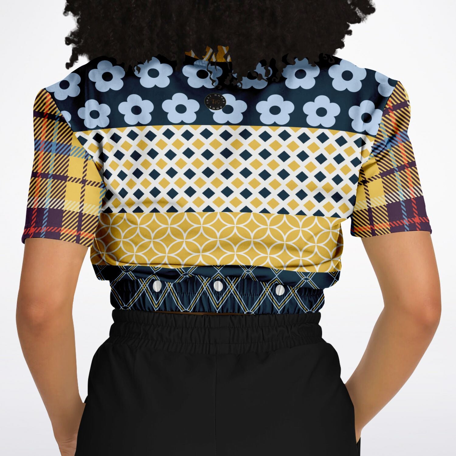 Royal Flush Blue Patchwork Short Sleeve Cropped Eco-Poly Sweater