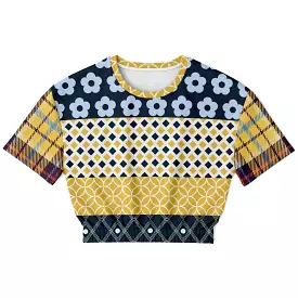 Royal Flush Blue Patchwork Short Sleeve Cropped Eco-Poly Sweater