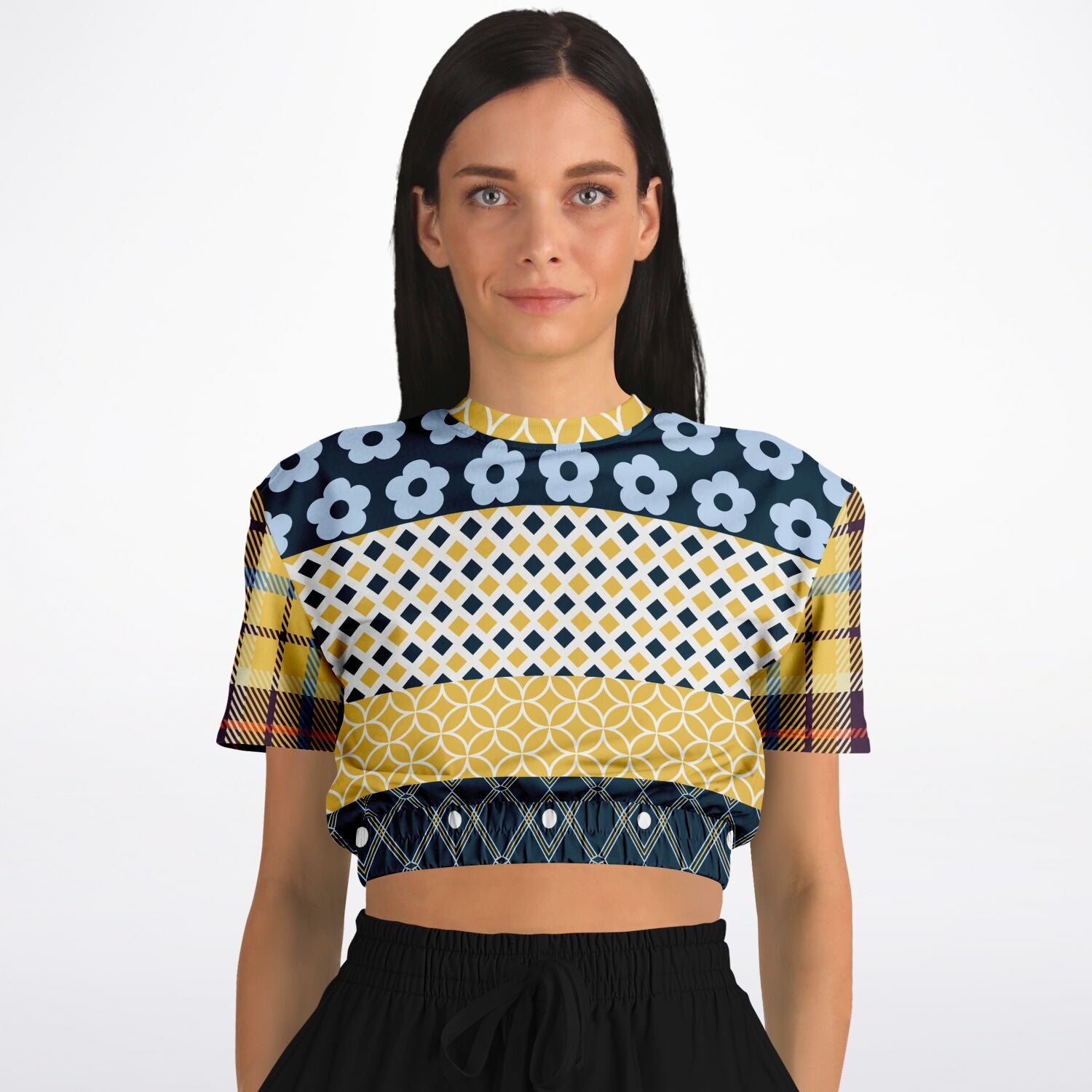 Royal Flush Blue Patchwork Short Sleeve Cropped Eco-Poly Sweater