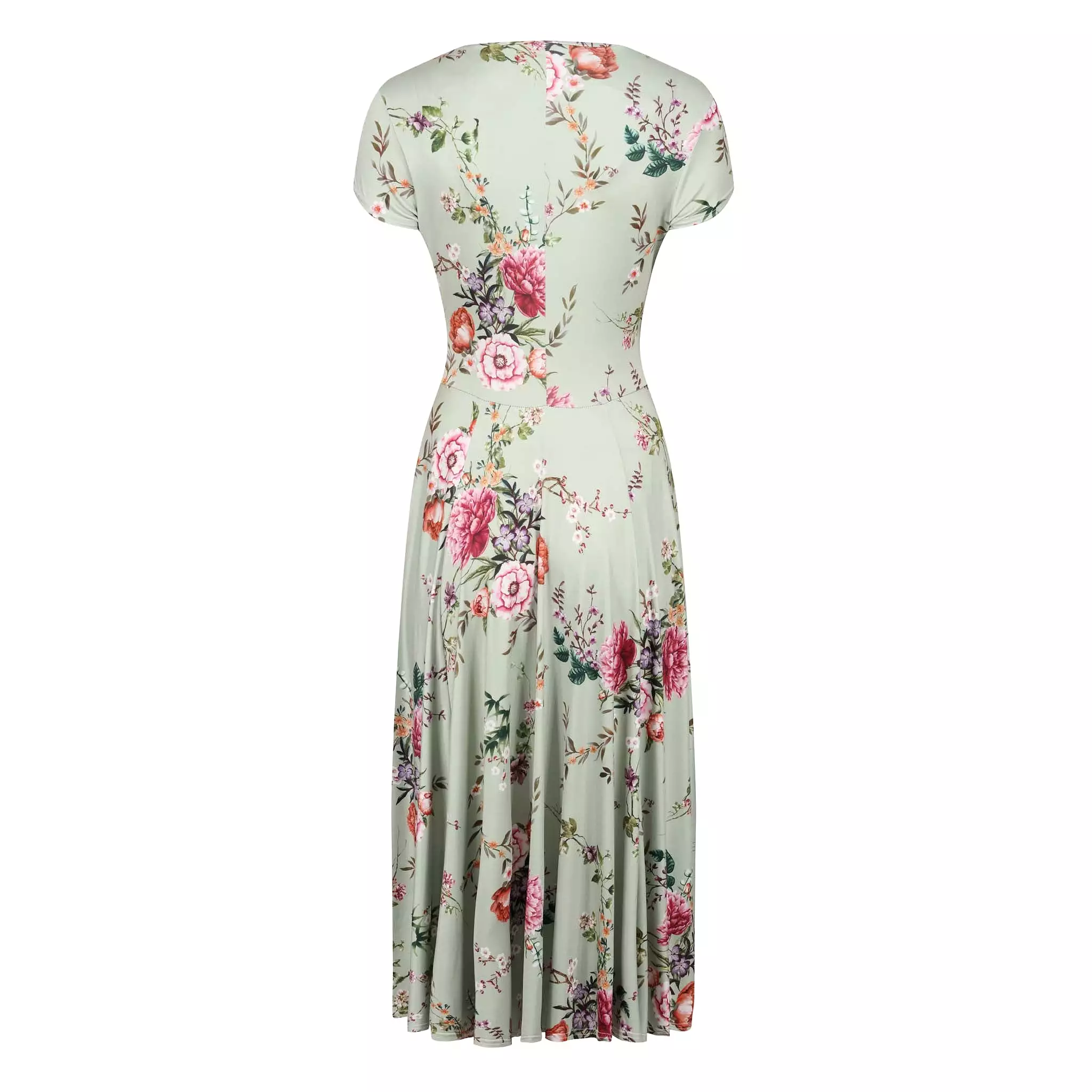 Sage Green Floral Print Cap Sleeve V Neck Wrap Top Swing Dress