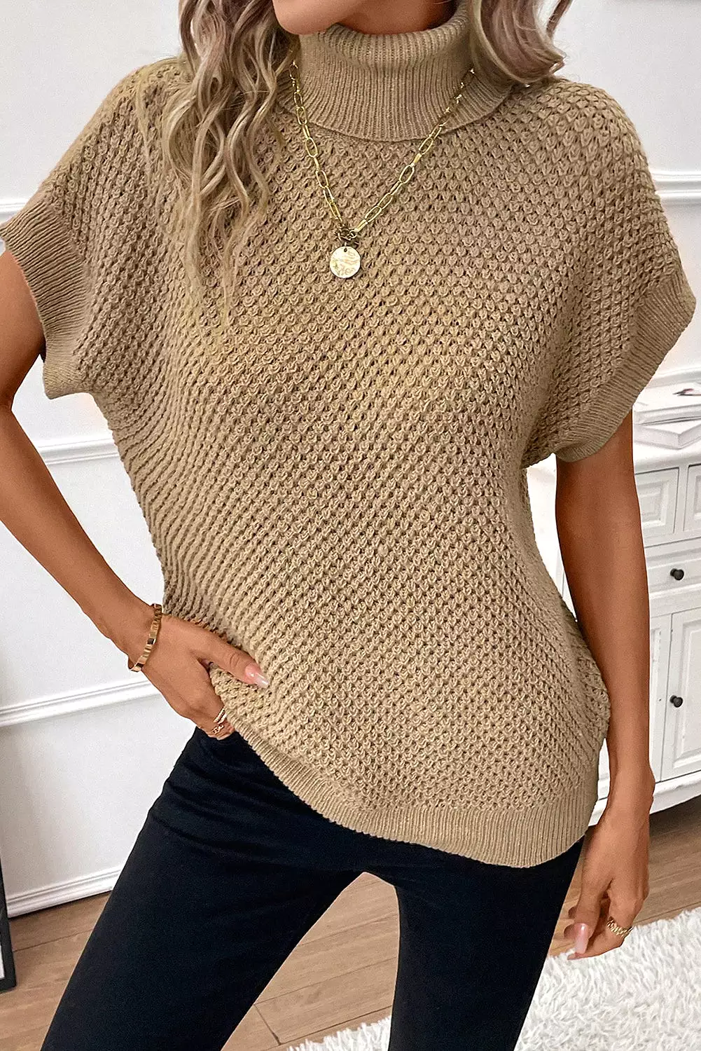 Short Sleeve Khaki Turtleneck Sweater