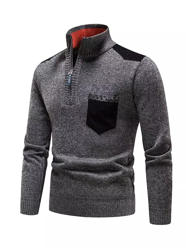 Stand-Up Collar Patchwork Zipper Men Turtleneck Sweater