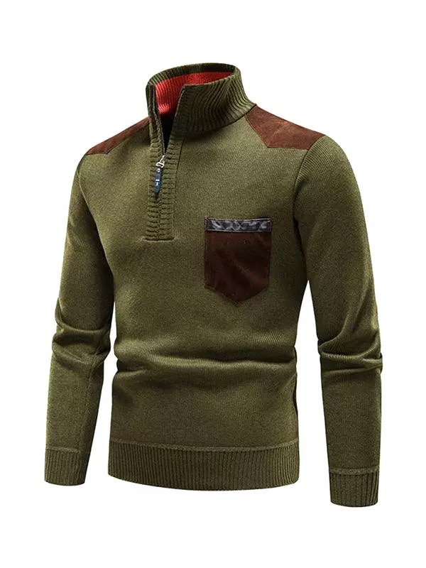 Stand-Up Collar Patchwork Zipper Men Turtleneck Sweater