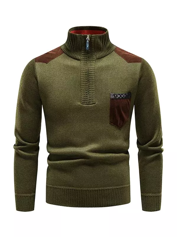 Stand-Up Collar Patchwork Zipper Men Turtleneck Sweater