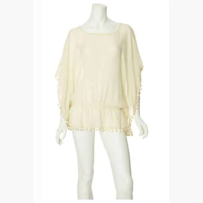 STAR MELA  |Crew Neck Short Plain Cotton Fringes Puff Sleeves