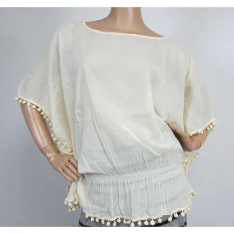 STAR MELA  |Crew Neck Short Plain Cotton Fringes Puff Sleeves