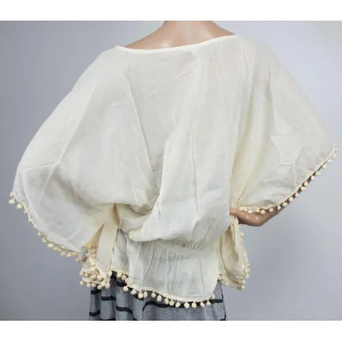 STAR MELA  |Crew Neck Short Plain Cotton Fringes Puff Sleeves