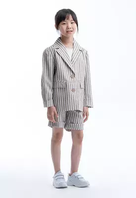 Striped Notch Lapel Blazer And Shorts Girls Set