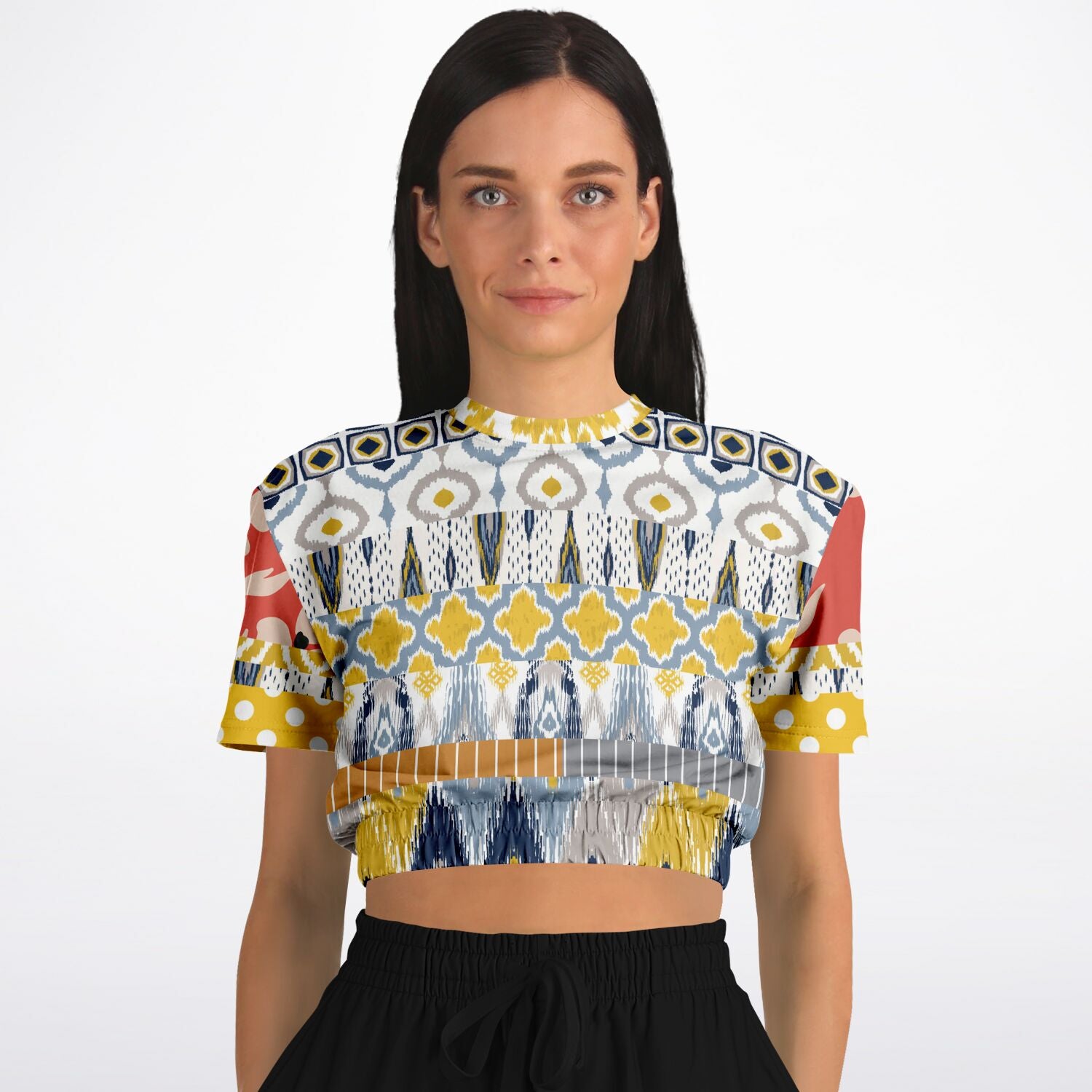 Tallulah Bankhead Elevate Patchwork Short Sleeve Cropped Eco-Poly Sweater