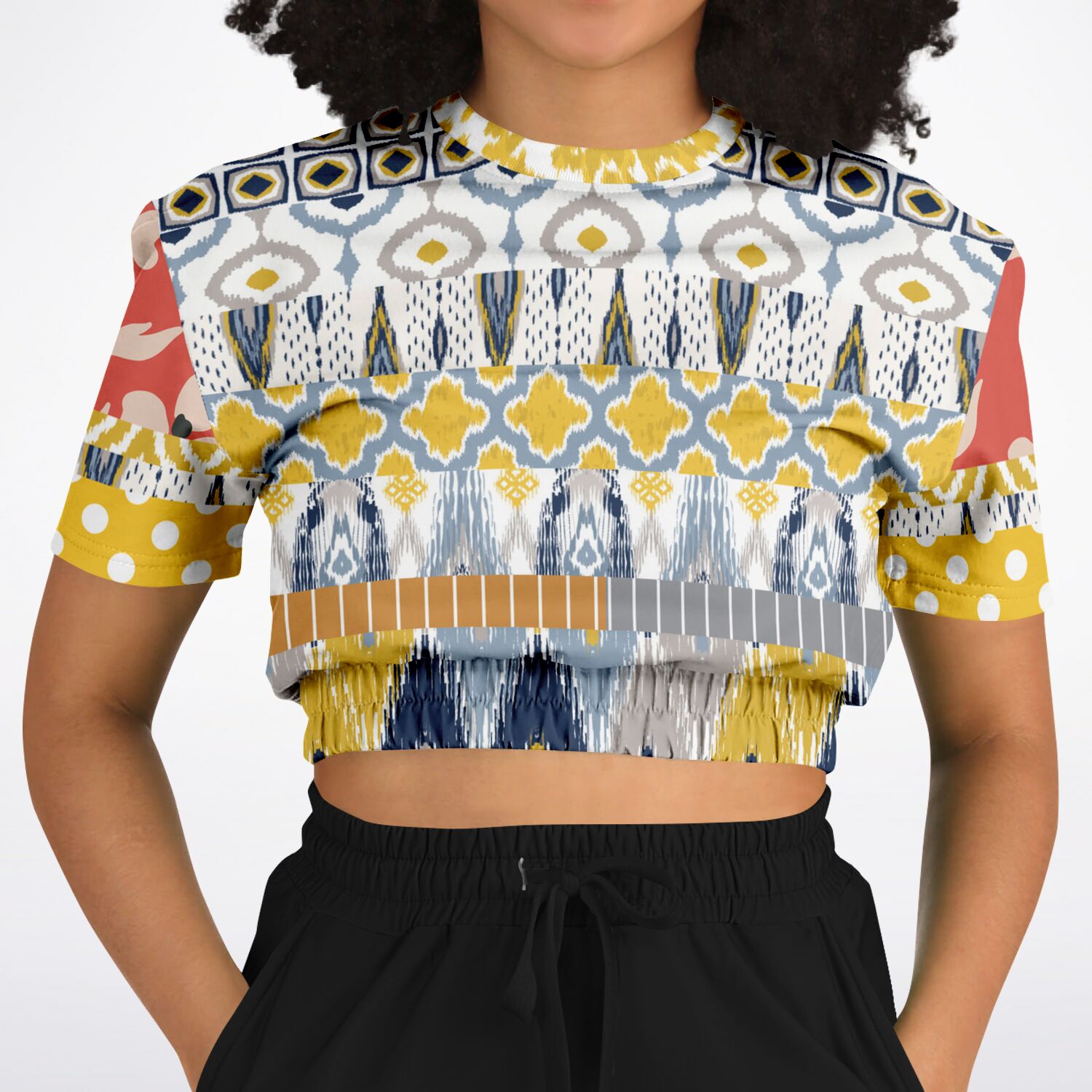 Tallulah Bankhead Elevate Patchwork Short Sleeve Cropped Eco-Poly Sweater