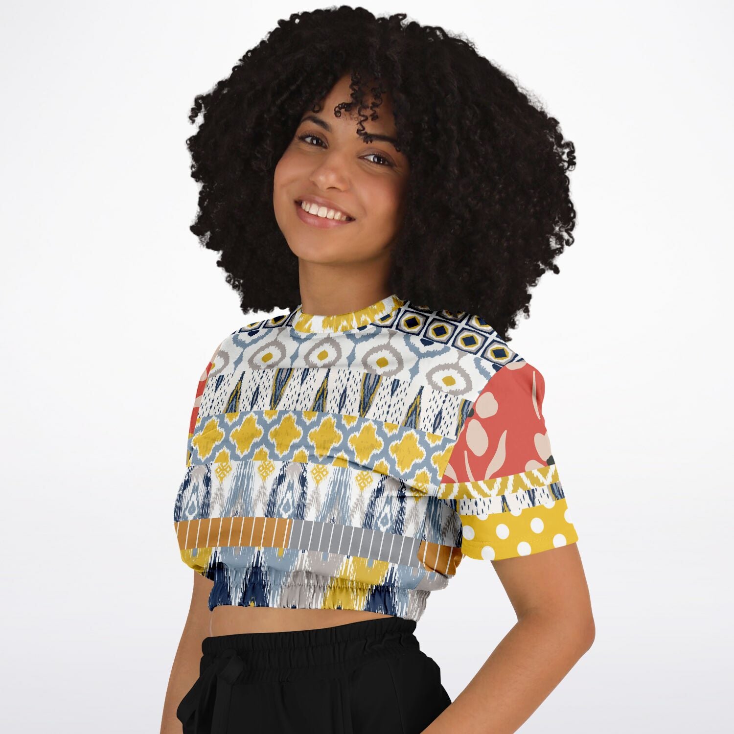 Tallulah Bankhead Elevate Patchwork Short Sleeve Cropped Eco-Poly Sweater