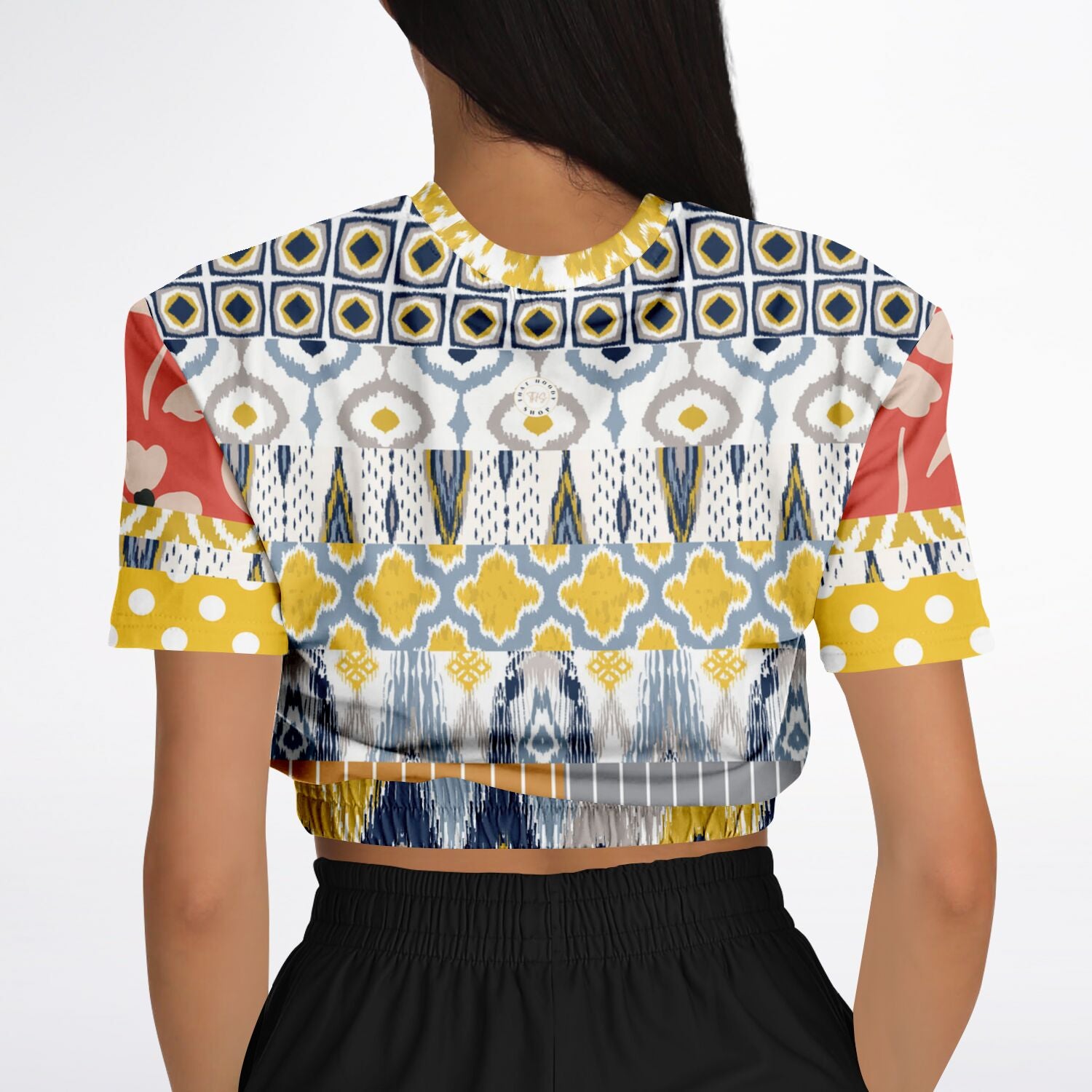 Tallulah Bankhead Elevate Patchwork Short Sleeve Cropped Eco-Poly Sweater