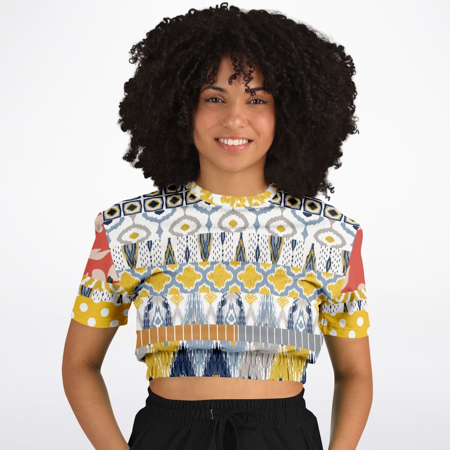 Tallulah Bankhead Elevate Patchwork Short Sleeve Cropped Eco-Poly Sweater