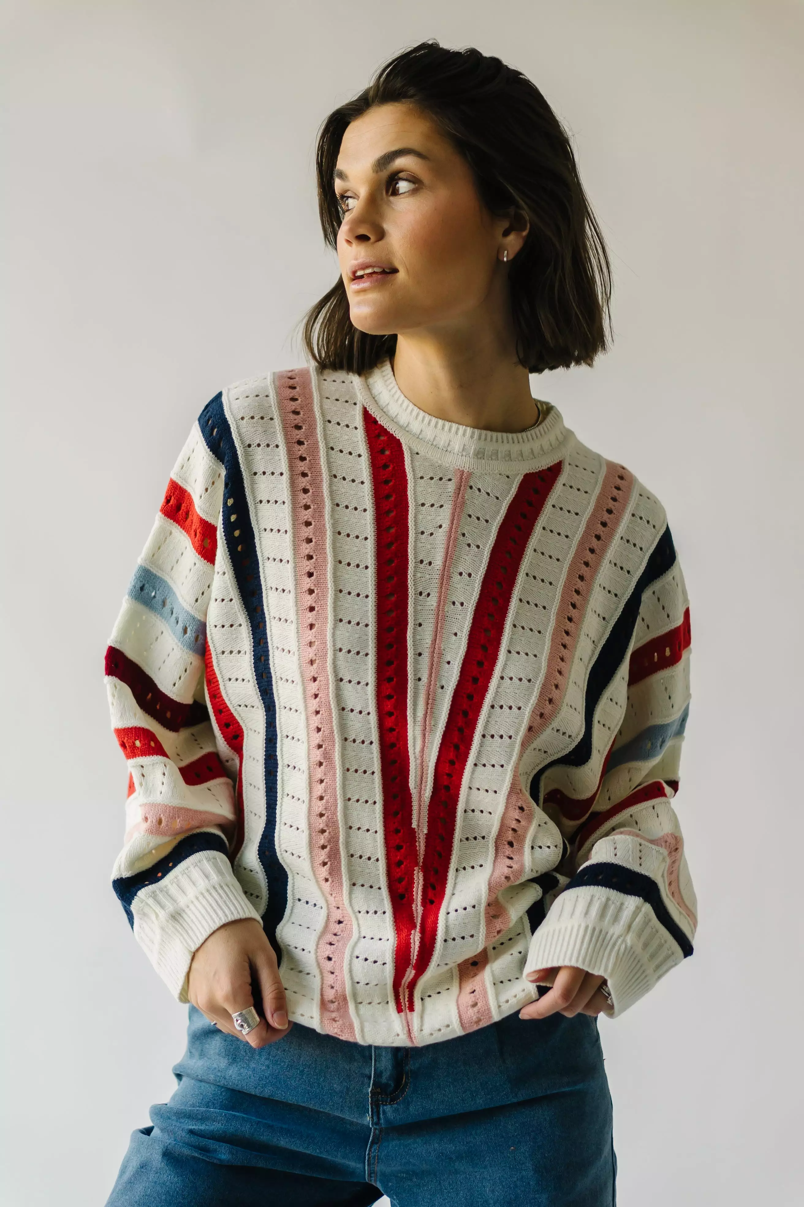 The Addie Knit Striped Sweater in Ivory Multi