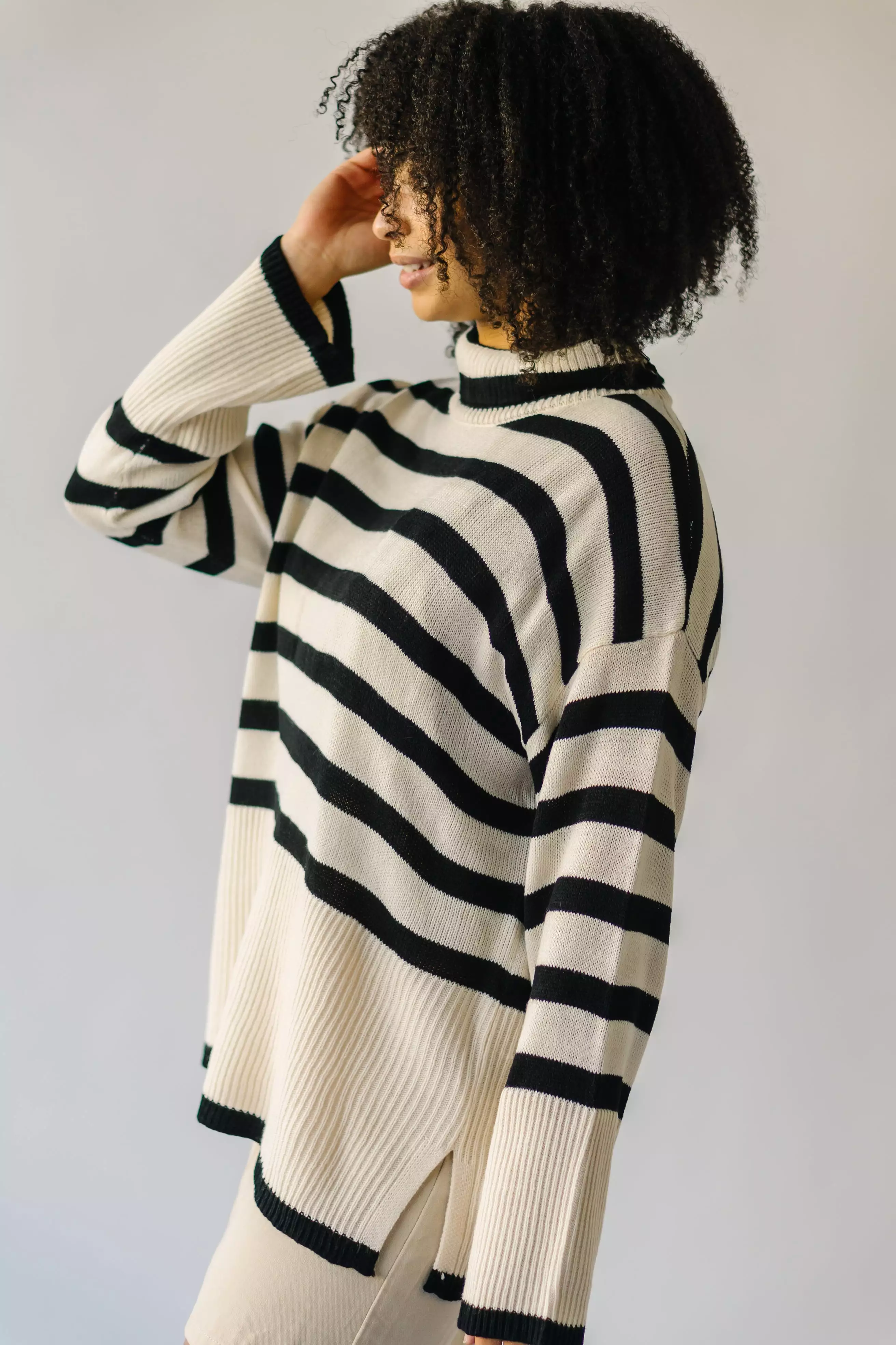 The Bryson Striped Turtleneck Sweater in Cream + Black