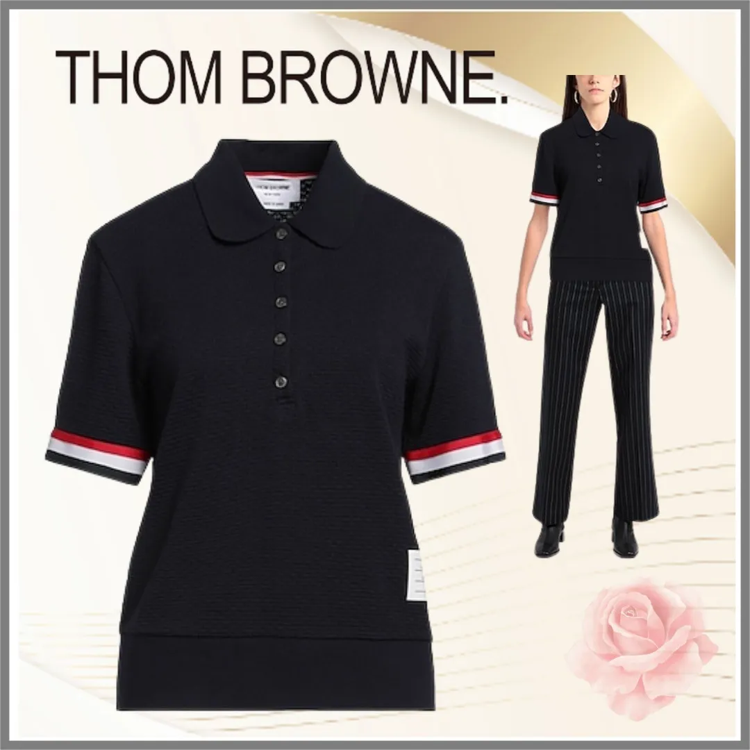 THOM BROWNE  |Plain Cotton Short Sleeves Logo V-neck & Crew neck