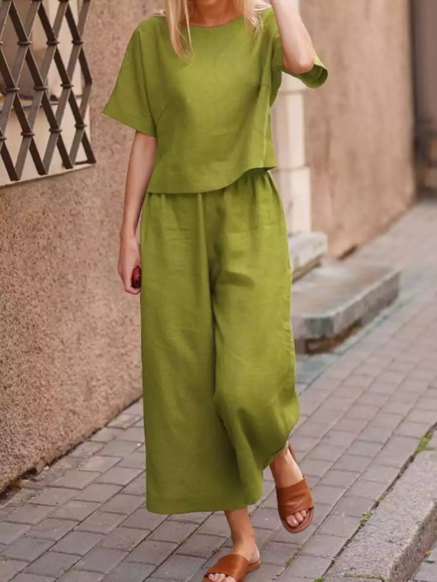 Two Piece Sets Women Summer Casual Cotton Linen O-Neck Tops And Wide Leg Straight Pants Outfits Fashion Solid Ladies Streetwear 