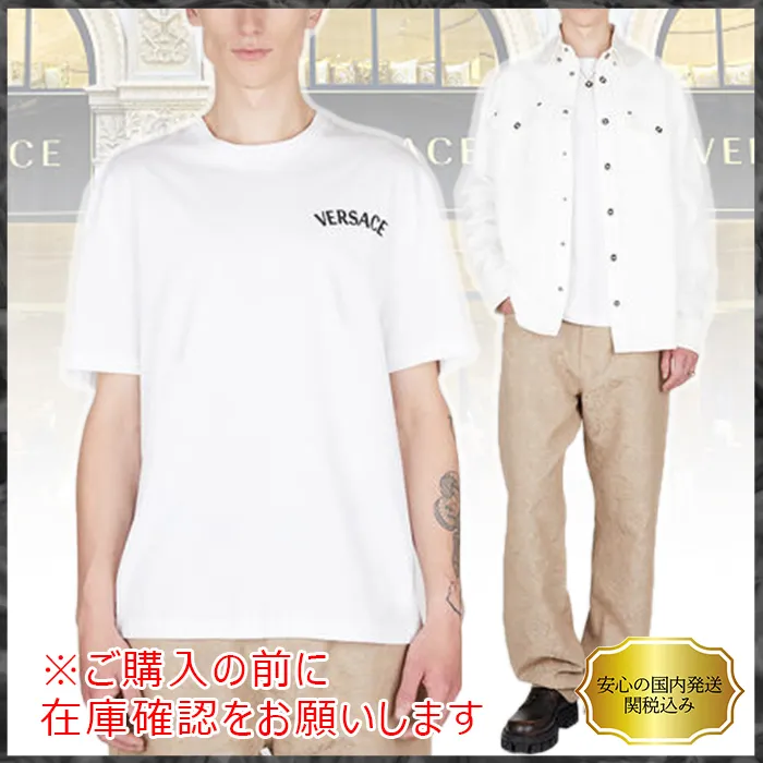 VERSACE  |Crew Neck Street Style Cotton Short Sleeves Logo Luxury