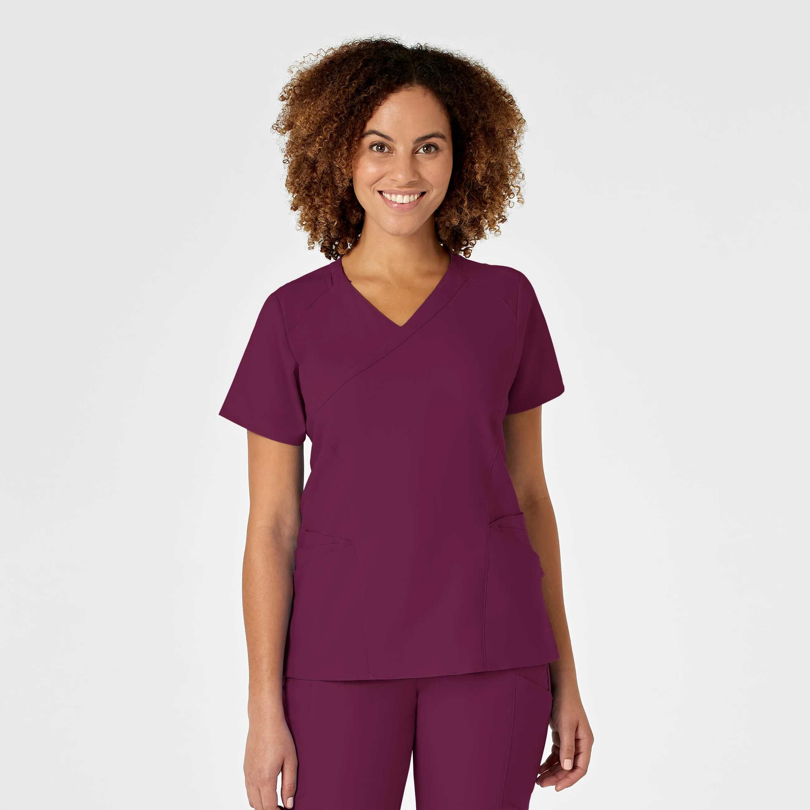 W123 Women's Mock Wrap Scrub Top - Wine