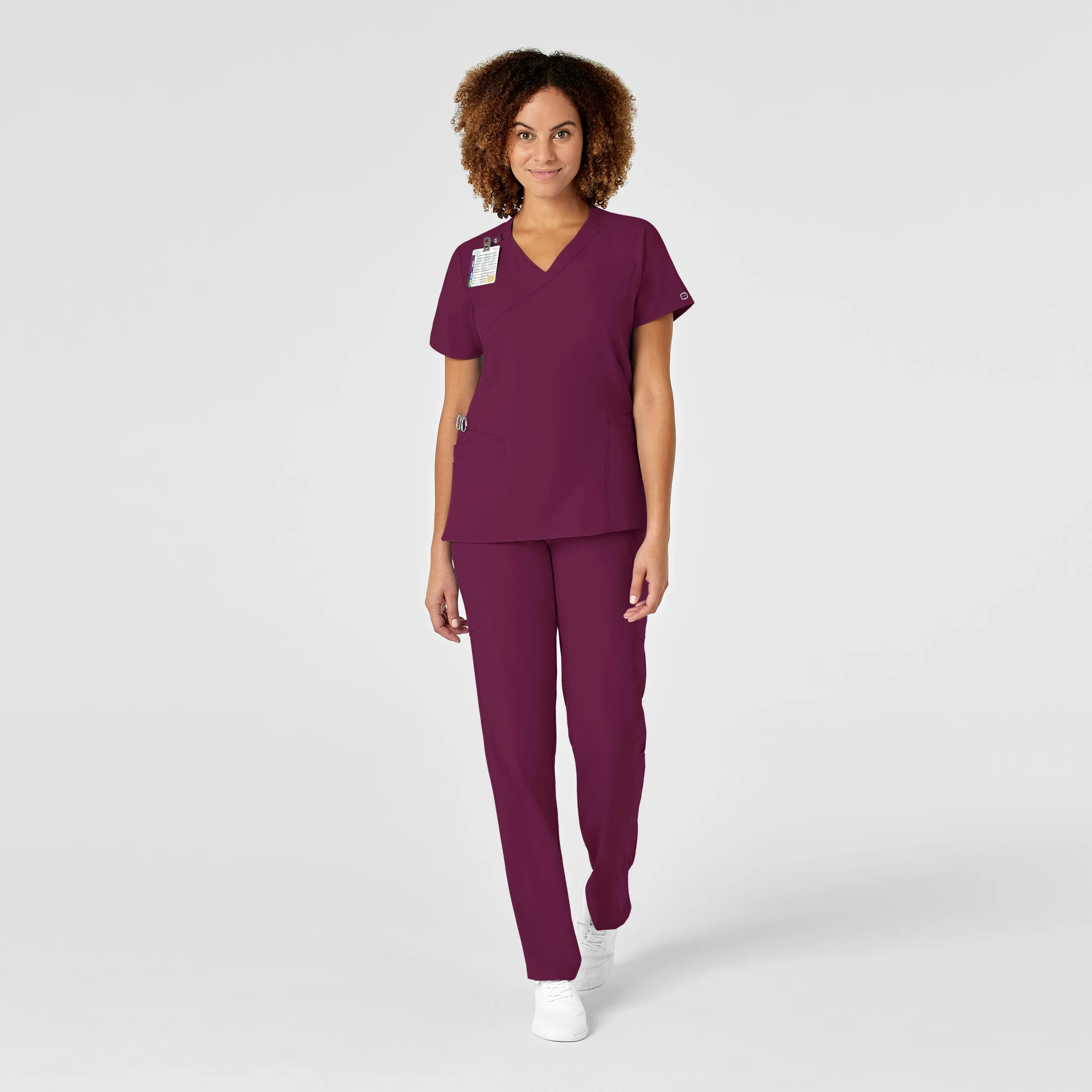 W123 Women's Mock Wrap Scrub Top - Wine