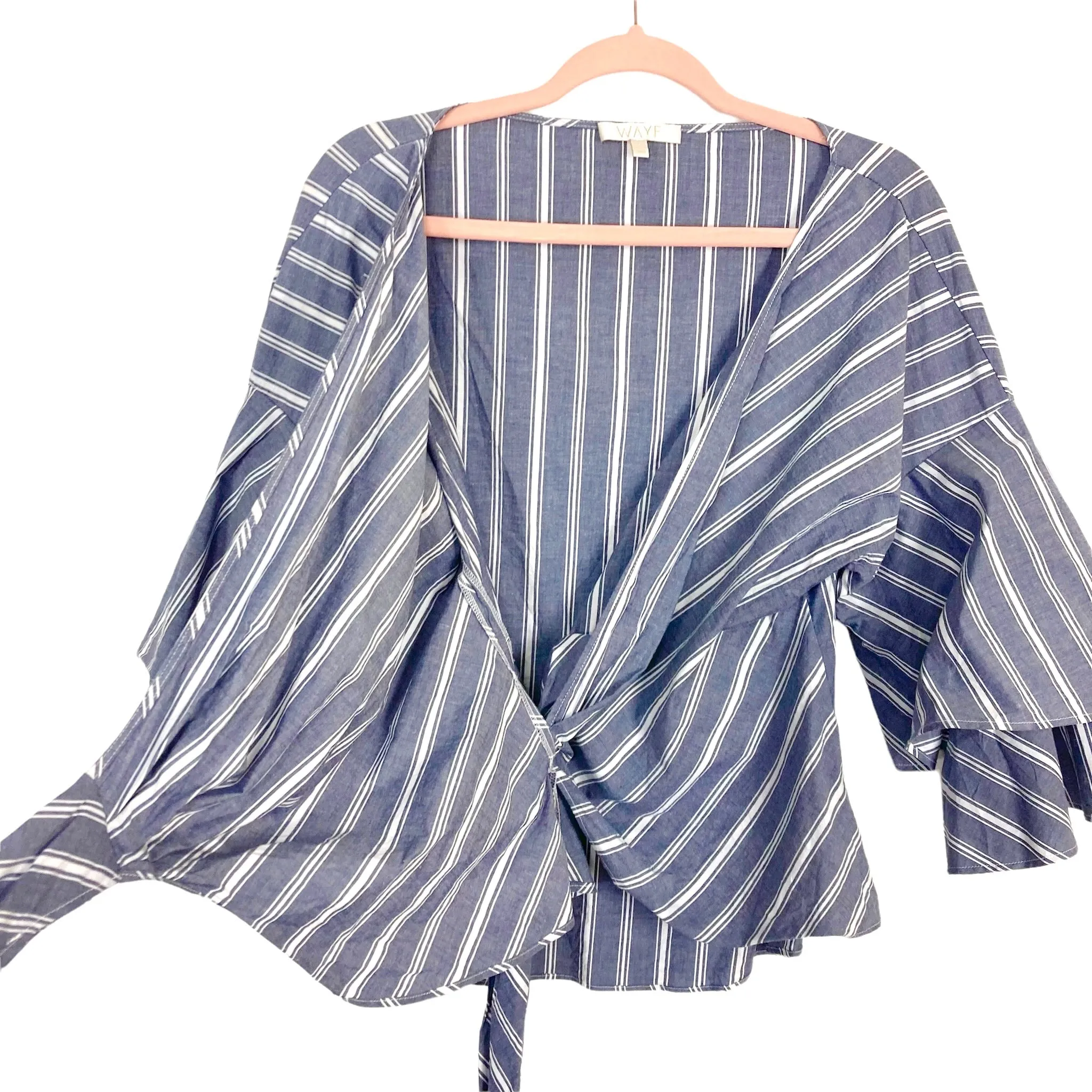 WAYF Slate/White Striped Beckett Tiered Bell Sleeve Wrap Top- Size L (sold out online, see notes)