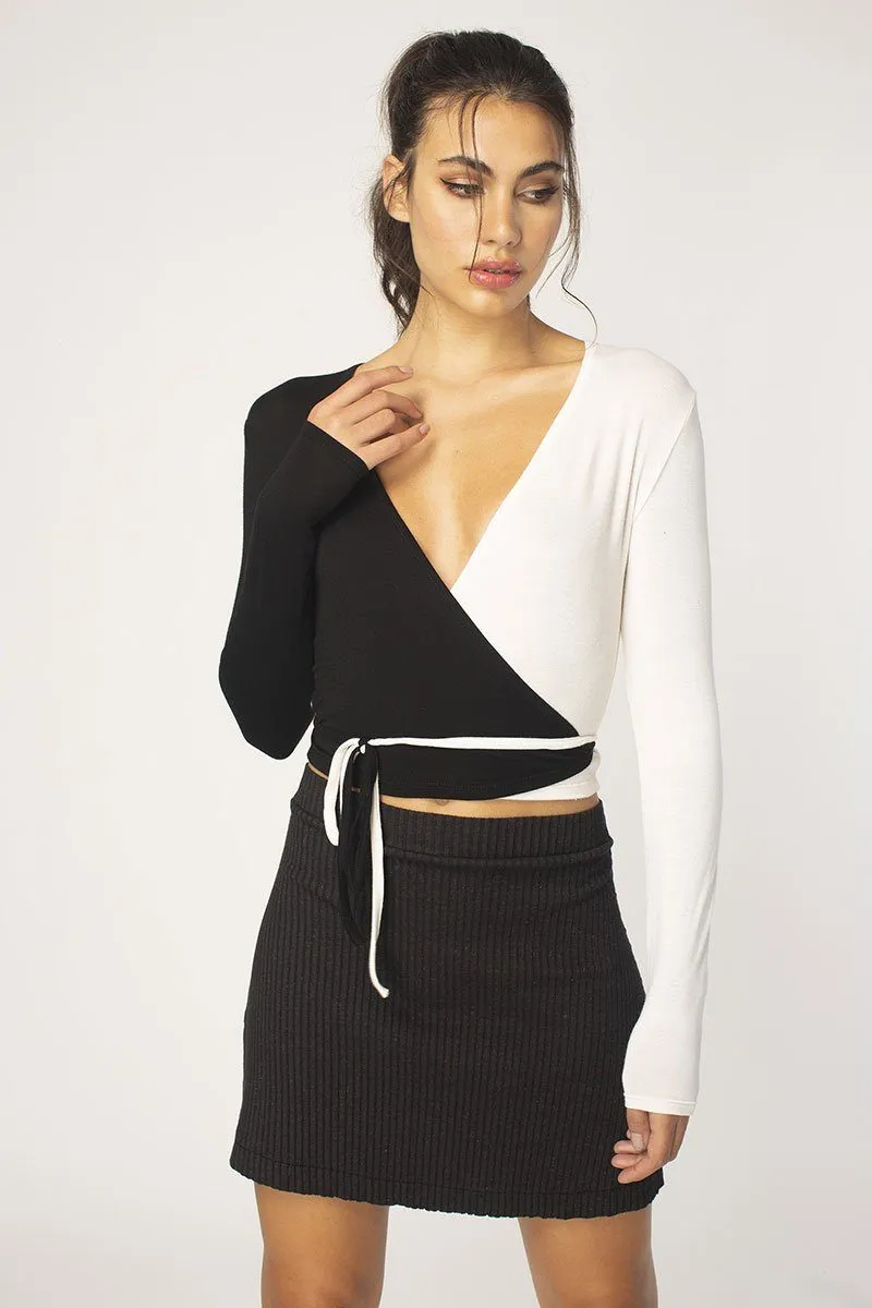 White/Black Blocked Wrap Top