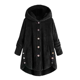 Winter Women Fluffy Coat Jackets Fashion Tail Button Soft Fleece Jacket Plus Size Loose Hooded Coat Casual Outwear Women Parka B