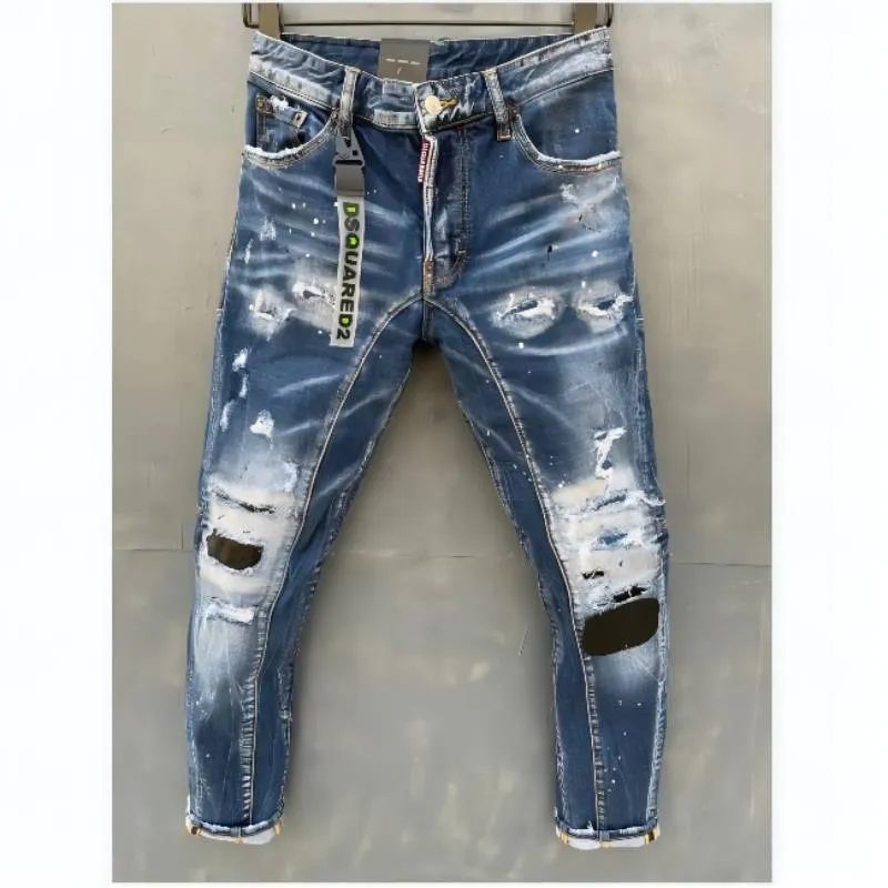 Xituodai New Stitching Printing Men's Slim Jeans Straight Leg Motorcycle Rider Hole Pants Jeans Man