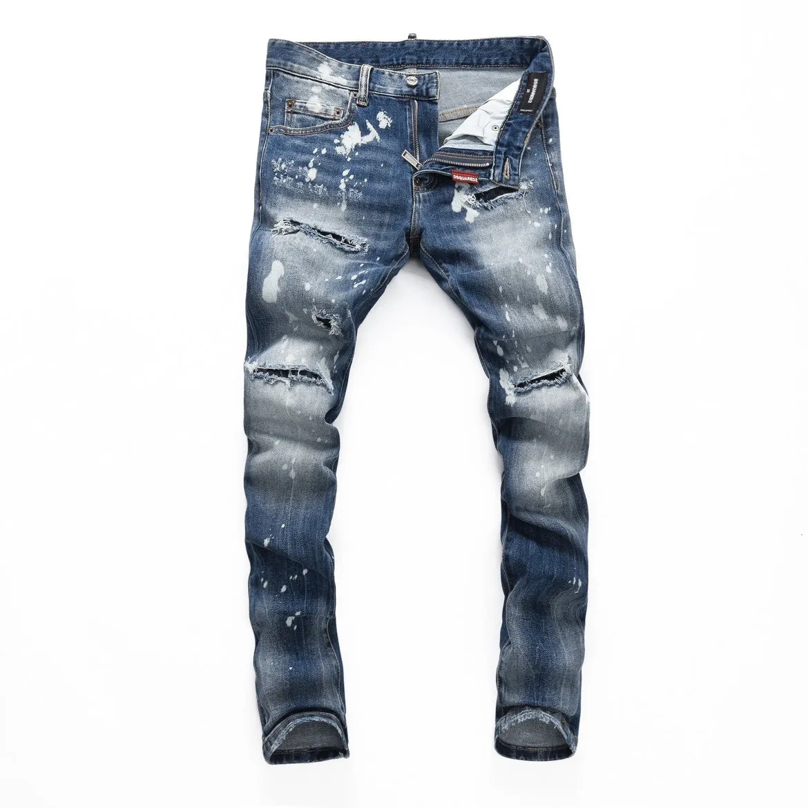 Xituodai New Stitching Printing Men's Slim Jeans Straight Leg Motorcycle Rider Hole Pants Jeans Man