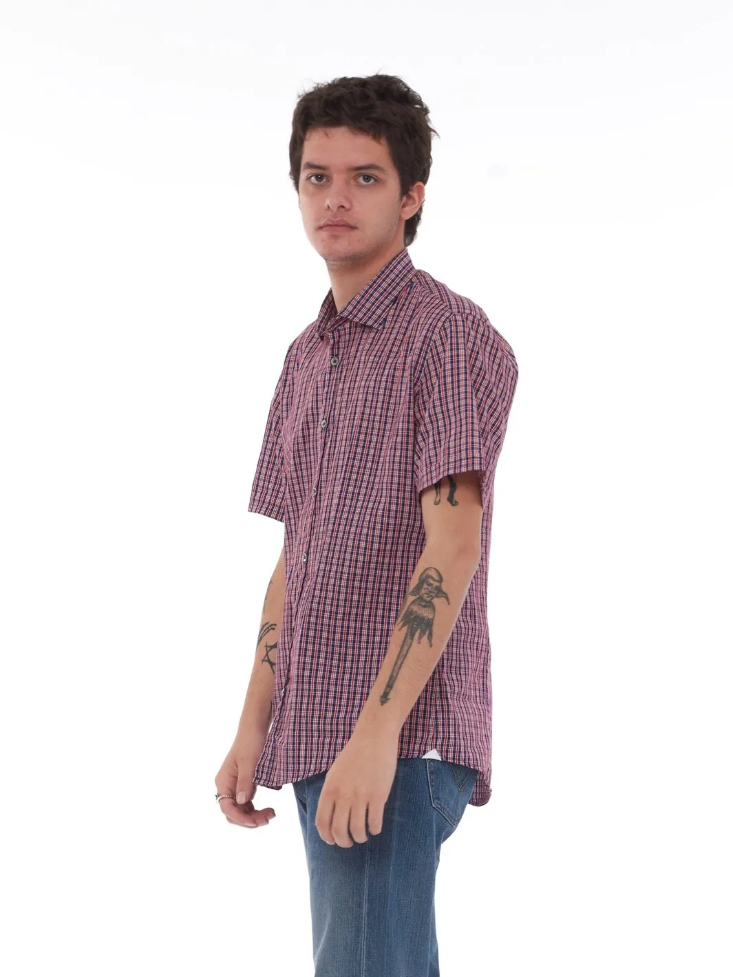 Y2K cotton short-sleeved cotton shirt with check-pattern