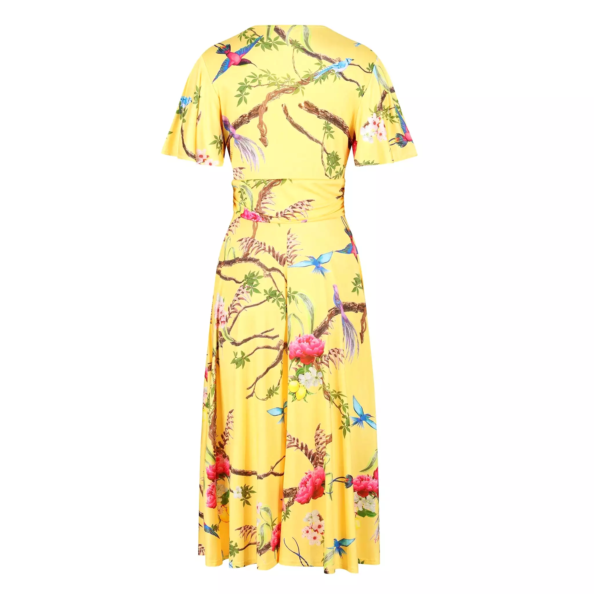 Yellow Floral Bird Print Cap Sleeve Crossover Wrap Top Swing Dress