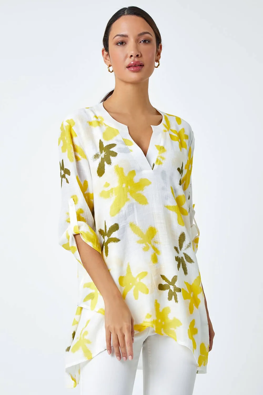 Yellow Floral Print Wrap Hem Tunic Top | Roman UK