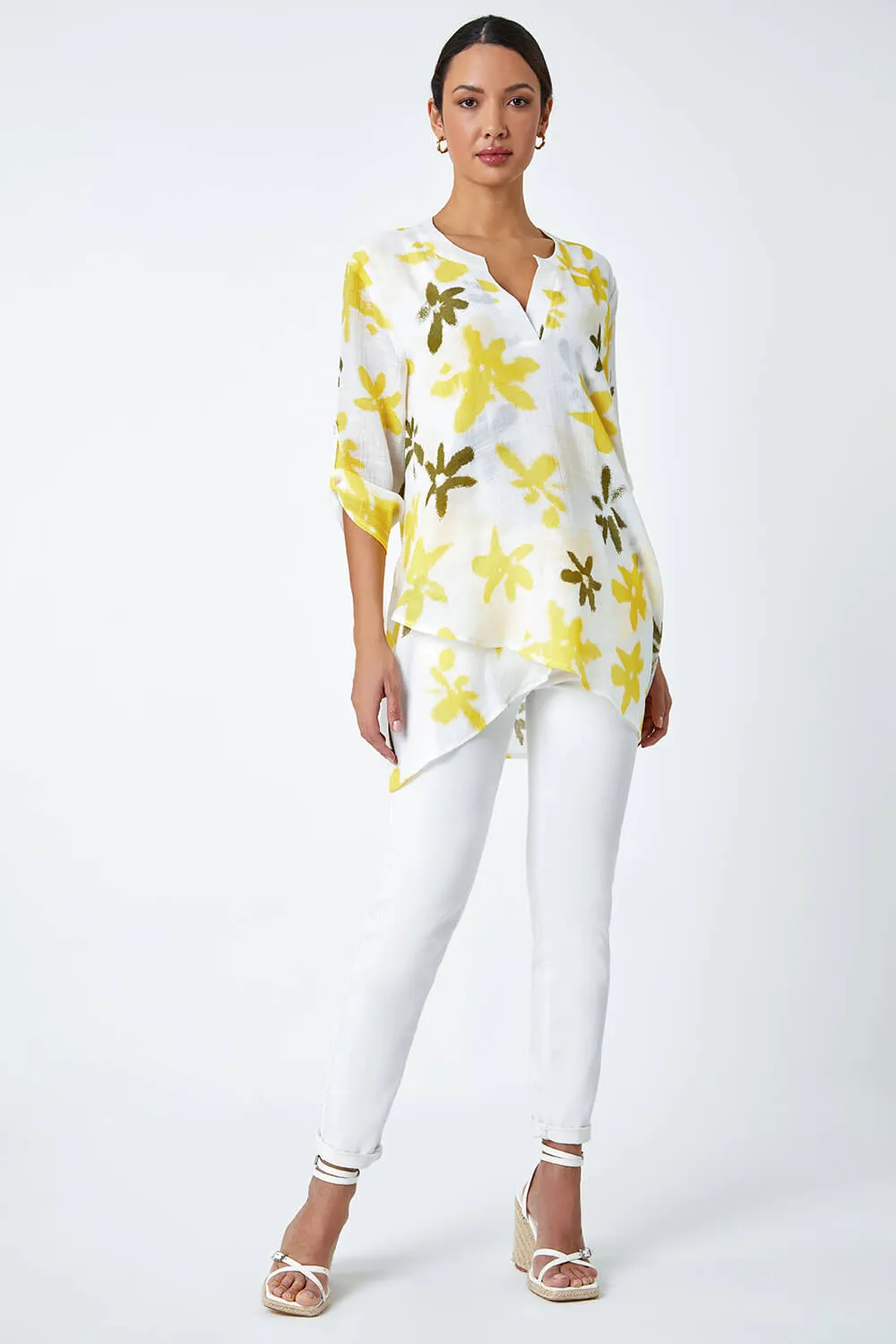 Yellow Floral Print Wrap Hem Tunic Top | Roman UK