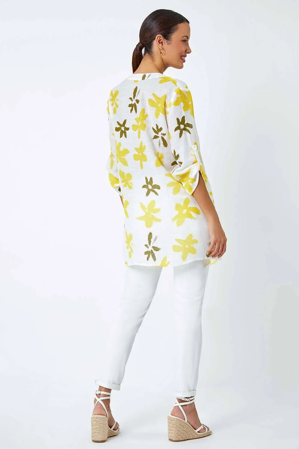 Yellow Floral Print Wrap Hem Tunic Top | Roman UK