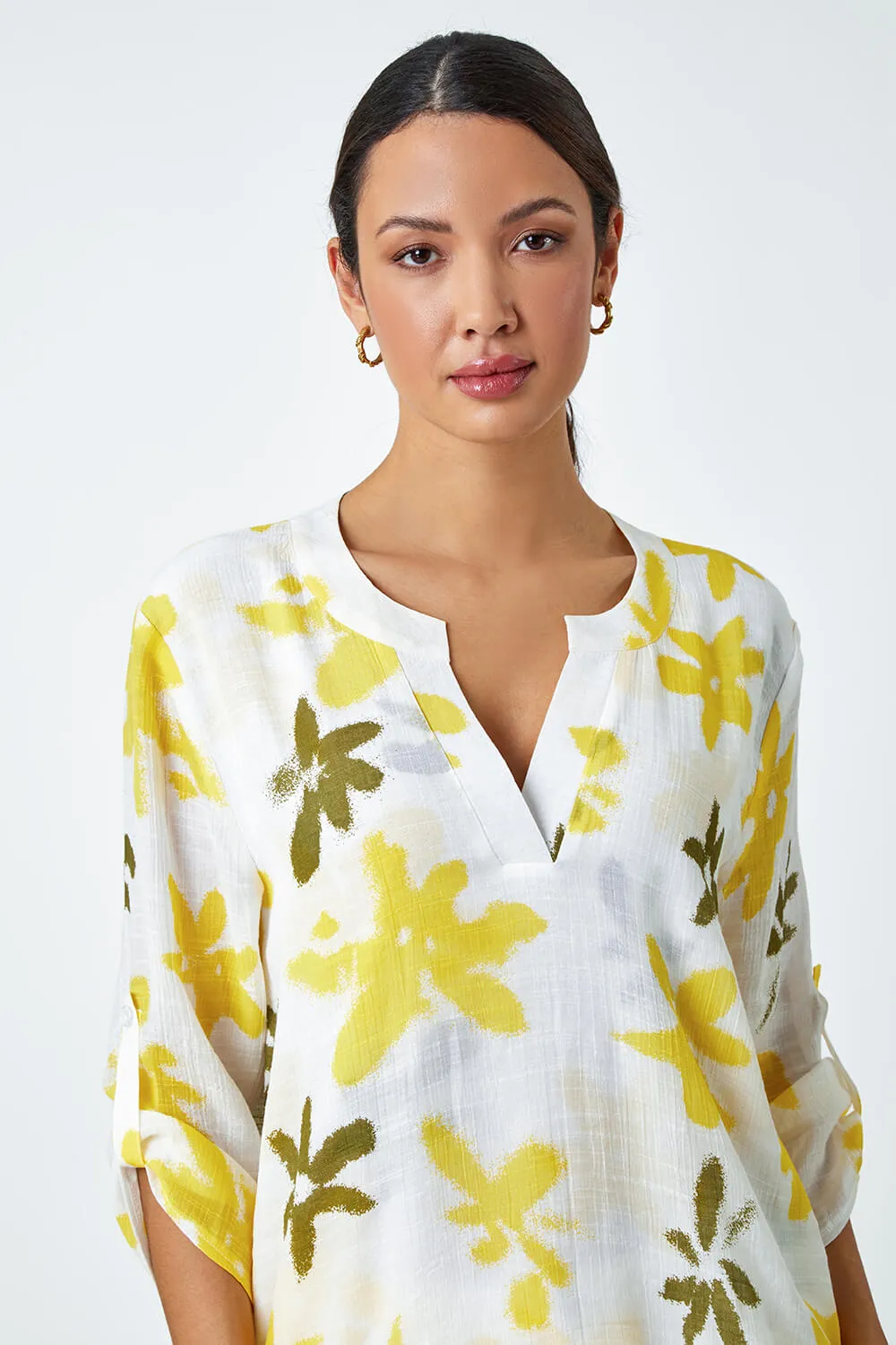 Yellow Floral Print Wrap Hem Tunic Top | Roman UK